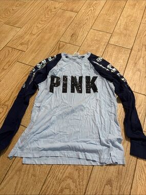 PINK Victoria's Secret Light Blue & Navy Sequin Logo Long Sleeve Tee